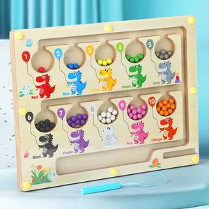 Educational wooden magnetic beads maze toy with colorful dinosaurs and numbers 1 to 10