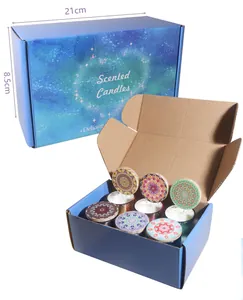 Scented candle gift set in blue starry sky box with detailed dimensions and 6 patterned candles