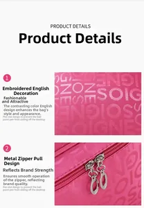 Dettaglio della borsa da toilette rosa ricamata con doppie cerniere in metallo resistente