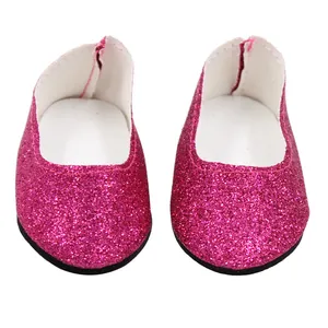 Close-up view of shiny pink glittery flat shoes designed for 18-inch doll accessories