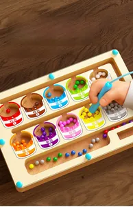 Detailed view of wooden magnetic color and number maze toy with counting beads