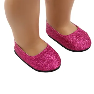 Close-up detail of pink glitter ballet flats for 18-inch dolls with sparkling texture