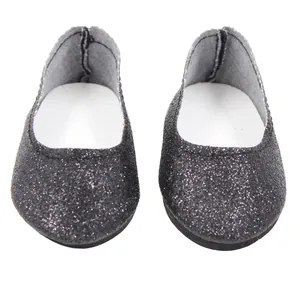 Detailed view of black glittery ballet flats for 18-inch dolls accessories