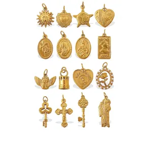 Stainless Steel Retro Pendant For DIY Jewelry Making Gold Plated Cross Key Heart Sun Religious Charm Pendant Only Without Chain