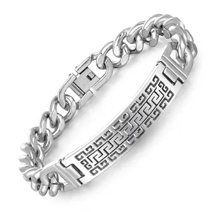 Men Stainless Steel Cuban Link Bracelet Hollow Greek Key Curved Plate Gold Silver Electroplated Trendy Personalized Jewelry