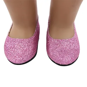Close-up of pink glitter flat shoes for 18-inch dolls with sparkling texture