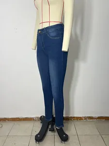 Detailed side view of women's high-waisted slim-fit pencil jeans on a mannequin