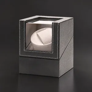 Premium automatic single watch winder box featuring black lychee leather and grey interior