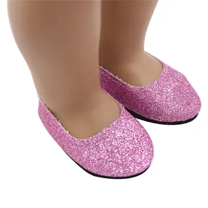Detailed view of pink glitter flat shoes for 18-inch doll accessories on white background