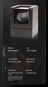 Single automatic watch winder box with carbon fiber texture and red stitching detail.