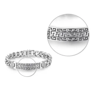 Men's silver stainless steel curb chain bracelet featuring a hollow Greek key bar