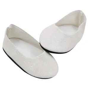Detailed macro view of white glitter ballet flats for 18-inch American dolls