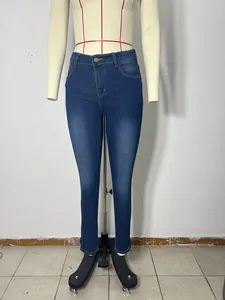 Frontal view of women's high-waisted slim fit pencil denim jeans displayed on a mannequin