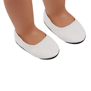 Detail view of sparkly white glitter ballet flats for 18-inch American doll accessories
