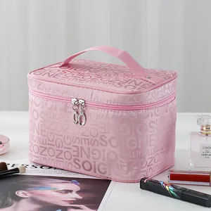 Large capacity pink travel makeup bag with handle and letter print pattern