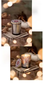 Comparison of scented starry glass candle in unlit and burning states with mandala lid