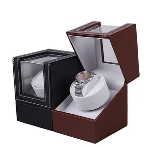 Caja de cuerda automática para reloj en cuero PU negro y marrón con ventana de vidrio