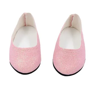 Macro detail of pink glitter ballet flats designed for 18-inch American doll accessories