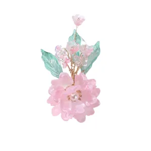 Elegante handgemaakte roze kristallen bloem met groene bladeren voor DIY haar en sieraden