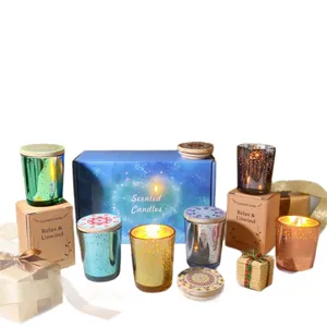Luxury scented candle set in starry galaxy glass jars with mandala wooden lids and gift box