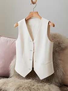 Elegant white women's V-neck suit vest waistcoat for stylish layering and business casual.
