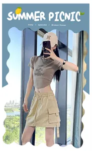 Summer high-waisted khaki cargo skort for women featuring functional side pockets