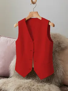 Professional bright red women's V-neck suit vest waistcoat featuring a four-button closure