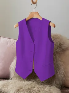 Elegant purple women's suit vest with V-neck and 4-button detail on a wooden hanger