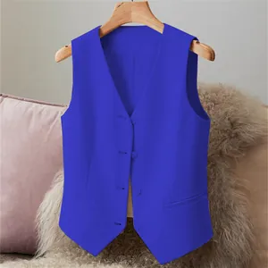 Bright blue women's V-neck suit vest with button-down design on hanger