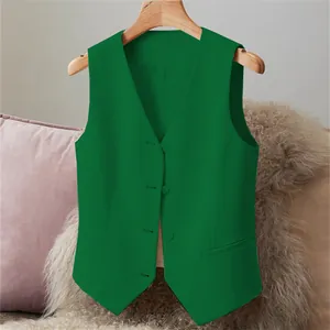 Elegant green V-neck suit vest for women featuring four buttons and a tailored short fit