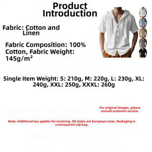 Detailed specifications of men's cotton linen hooded shirt showing fabric and sizing information