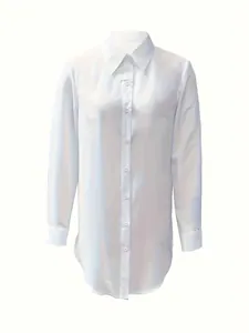 Elegant white satin long sleeve blouse with irregular hem and point collar design