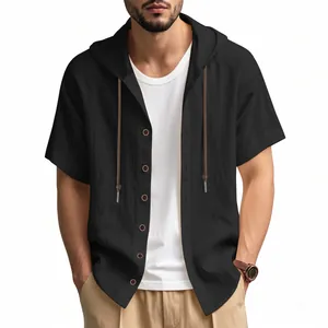 Detail view of men's casual short-sleeved hooded linen shirt with decorative buttons