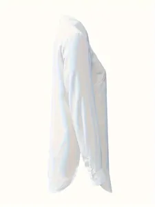 Side view of a minimalist white long-sleeve women's shirt with a stylish irregular hemline