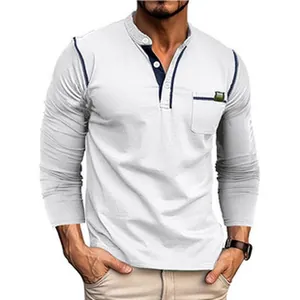 Stylish men's long sleeve Henley shirt with contrast navy trim and functional chest pocket