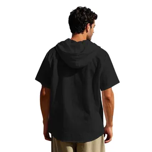 Men's black cotton linen hooded short sleeve shirt, casual summer beach back view detail.