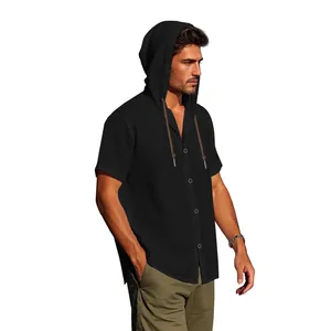 Men's black cotton linen hooded short sleeve shirt casual button down beach top