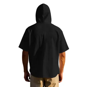 Detailed back view of men's casual black cotton linen hooded short-sleeve beach shirt