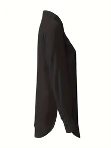 Side view of an elegant black long-sleeve women's shirt with an asymmetrical hem