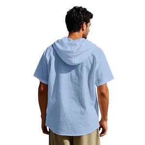 Detailed back view of a light blue men's short sleeve hooded linen shirt for beach wear