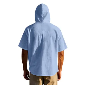 Back view of a casual men's light blue cotton linen short sleeve hooded beach shirt
