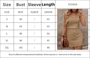 Detailed size guide chart for women's solid color sleeveless knitted mini summer dress