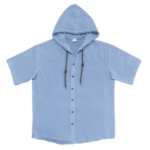 Casual light blue men's cotton linen hooded shirt with short sleeves and buttons