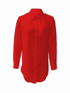 Front view of vibrant red long-sleeve women's shirt with minimalist button-down design