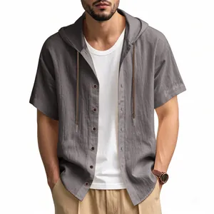 Detailed view of a men's casual cotton linen hooded short sleeve shirt with wooden buttons