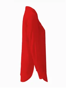 Detailed side view of vibrant red long-sleeve women's blouse featuring a unique irregular hem