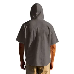 Detailed back view of men's casual grey cotton linen short-sleeved hooded shirt