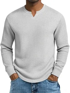 Men's light grey waffle-knit long sleeve Henley t-shirt with a slim fit V-neck design