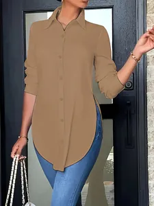 Elegant women's khaki long sleeve button-down shirt with a stylish curved hemline