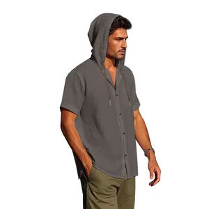 Detail view of men's casual grey cotton linen hooded short sleeve shirt with buttons